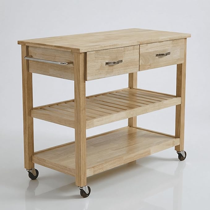 Casaphoria Amanda Collection Solid Wood Kitchen Island, 42" Butcher Block Cart with Rubberwood Top & Locable Wheels, Prep Table for Small Spaces (Natural)