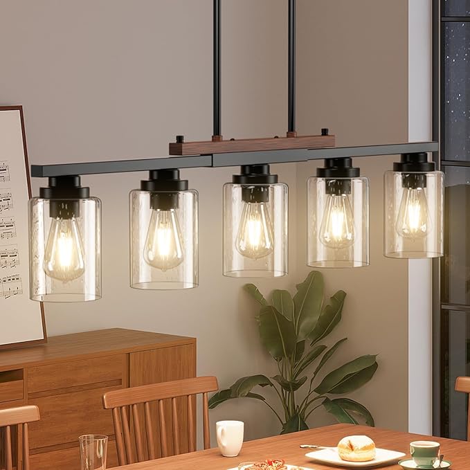 Amico Dining Room Light Fixture 5-Light Kitchen Island Lighting with Adjustable Rods, Farmhouse Decor Black Metal & Wood Chandelier with Seeded Glass Shade, Island Lights for Kitchen