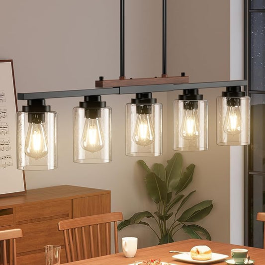 Amico Dining Room Light Fixture 5-Light Kitchen Island Lighting with Adjustable Rods, Farmhouse Decor Black Metal & Wood Chandelier with Seeded Glass Shade, Island Lights for Kitchen