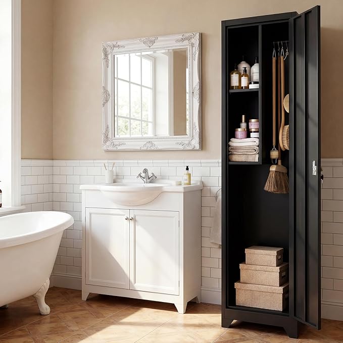 Slim Cabinet for Small Spaces, Metal Bathroom Storage Cabinet with Shelves, Hooks, Narrow Locking Cabinets with 2 Keys, 65” H Tall Storage for Home Office, Living Room, Dining Room, Black