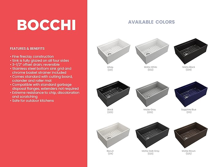 BOCCHI Contempo Workstation Apron Front Step Rim Fireclay 30 in. Single Bowl Kitchen Sink with Accessories in Black