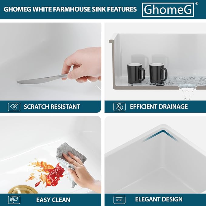 White Undermount Kitchen Sink 30 Inch Porcelain White Kitchen Sink 30"x18"x10" Dual Mount Single Bowl Ceramic Kitchen Sinks - Gold Drain Set