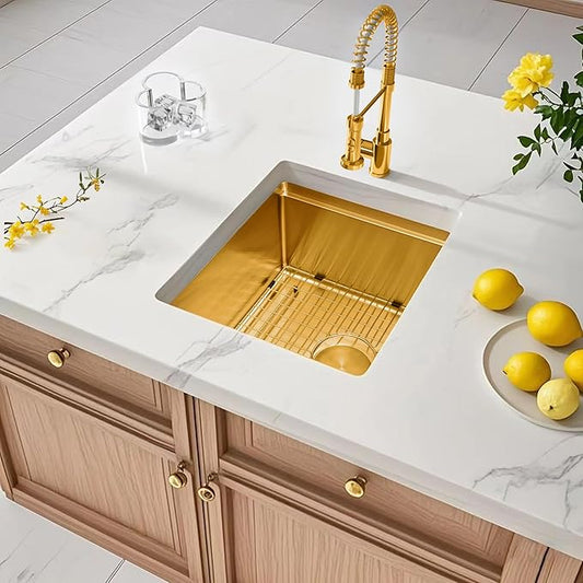 Kitsitchen Gold Bar Sink Undermount,16 Inch Small Bar & Prep Sinks,16 Gauge Stainless Steel Bar Sink with Workstation for Wet Bar Area,Round Corner & Offset Drain Design(16" X 18"X 10")