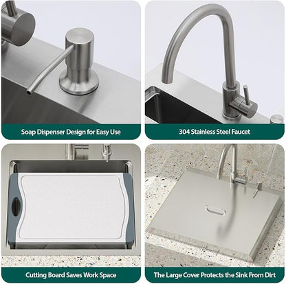 Outdoor Kitchen Sink - 21 x 20 Inch Outdoor Sink Drop In Workstation Stainless Steel 16 Gauge Topmount Single Bowl Small Wet Bar Sinks with Faucet & Premium Stainless Steel Cover #TLT-0030