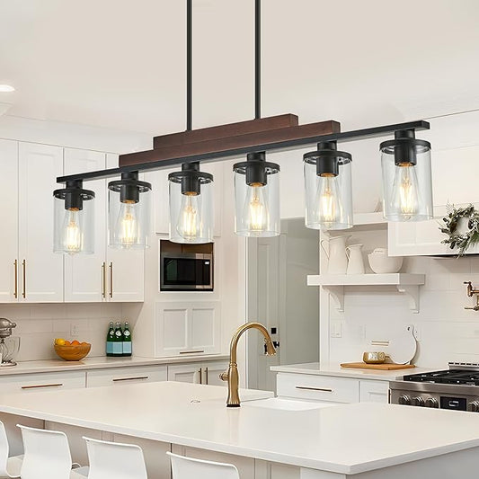 Kitchen Island Light Fixture/Chandelier Over Table,Farmhouse Black Rustic Wood Hanging Light Fixtures for Dining Room with 6 Glass Shade