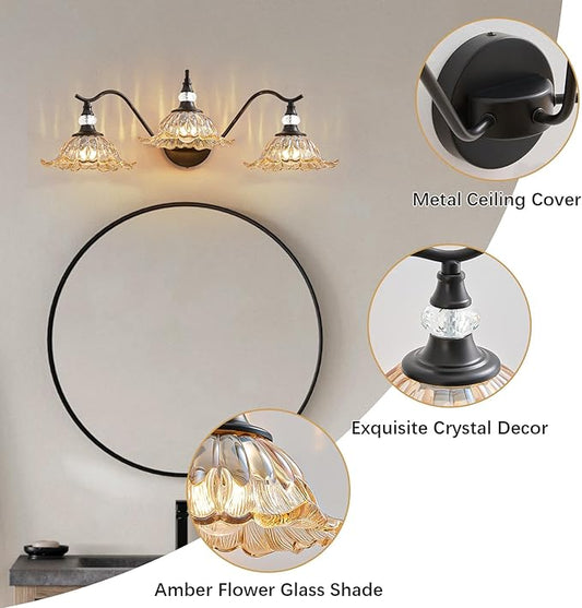 Vintage Bathroom Vanity Light Fixtures - 3 Light Antique Matte Black Bathroom Lights Fixture Over Mirror with Amber Flower Glass,Retro High End Wall Mounted Vanity Lighting for Bath Powder Room