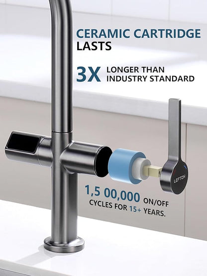Lefton Touchless Pull-Out Kitchen Faucet, Hands Free Motion Sensor Activated, Battery-Free Temperature Display, KF2206 (Contemporary, Grey)