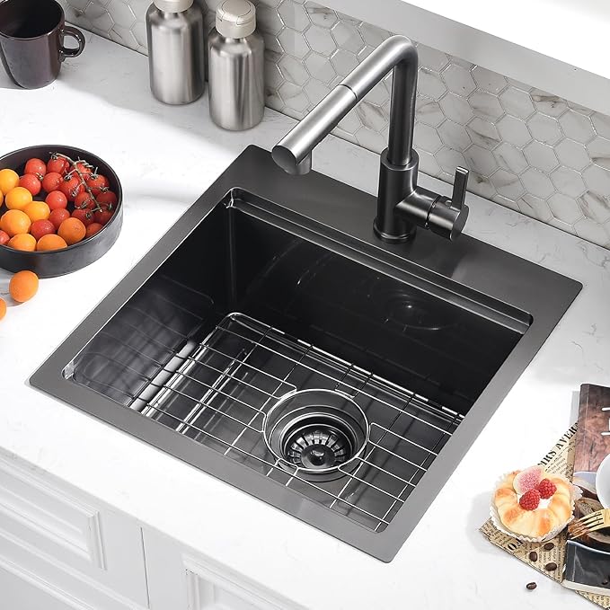 21x20 Drop In Black Bar Sink and Faucet Combo - 21 Inch Black Stainless Steel Drop In Kitchen Sink Workstation, 9 Inch Deep Wet Bar Sink Single Bowl with Accessories
