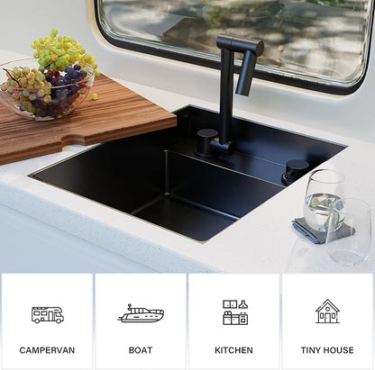 TORVA RV Kitchen Sink, 15 x 18 x 7 Inch Undermount Bar Sink 16 Gauge Stainless Steel Single Bowl Sink with Foldable Faucet Cutting Board, Dark Grey