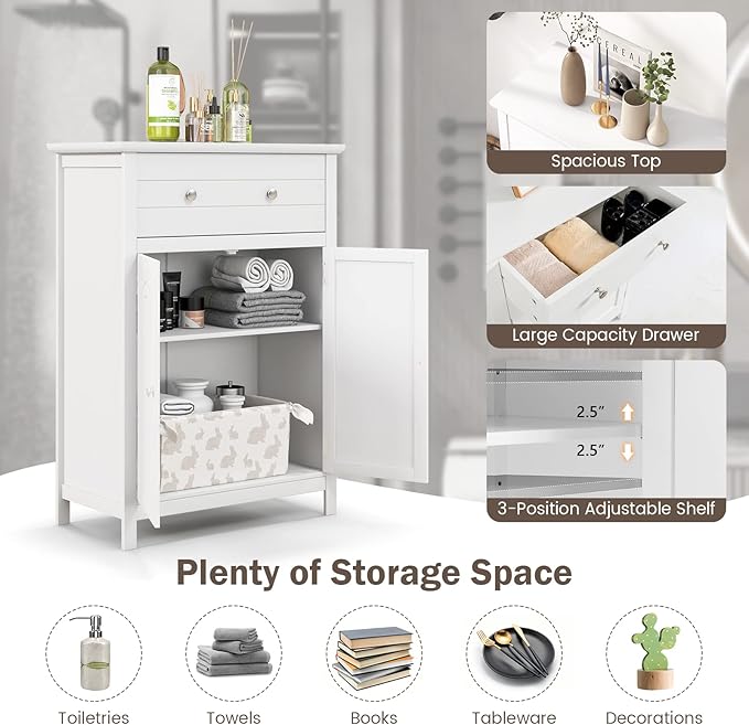 Tangkula White Bathroom Cabinet, Freestanding Wooden Storage Cabinet w/Large Drawer & Cabinet, 2 Doors, 3 Heights Adjustable Shelf, Bathroom Storage for Living Room Kitchen (White)