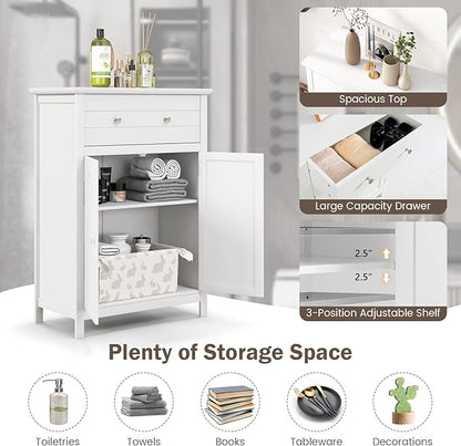 Tangkula White Bathroom Cabinet, Freestanding Wooden Storage Cabinet w/Large Drawer & Cabinet, 2 Doors, 3 Heights Adjustable Shelf, Bathroom Storage for Living Room Kitchen (White)