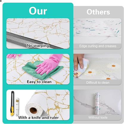 Drawer and Shelf Liner for Kitchen Cabinet,Non-Adhesive Cabinet Liner 18in x 30FT,Waterproof Shelf Paper Non-Slip Mats Cupboard Liners Contact Protect Dresser/Shelves/Table-Gold Marble