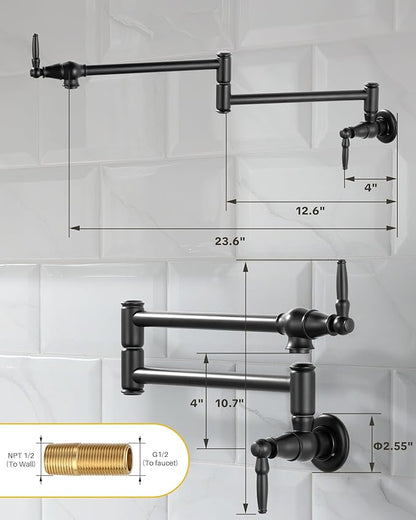 Pot Filler Faucet Matte Black: Solid Brass Wall Mount Heavy Duty Stove Pot Filler with Double Joint Swing Arms - Single Hole Commercial Folding Stretchable Faucet 2 Handles for Kitchen Restaurant