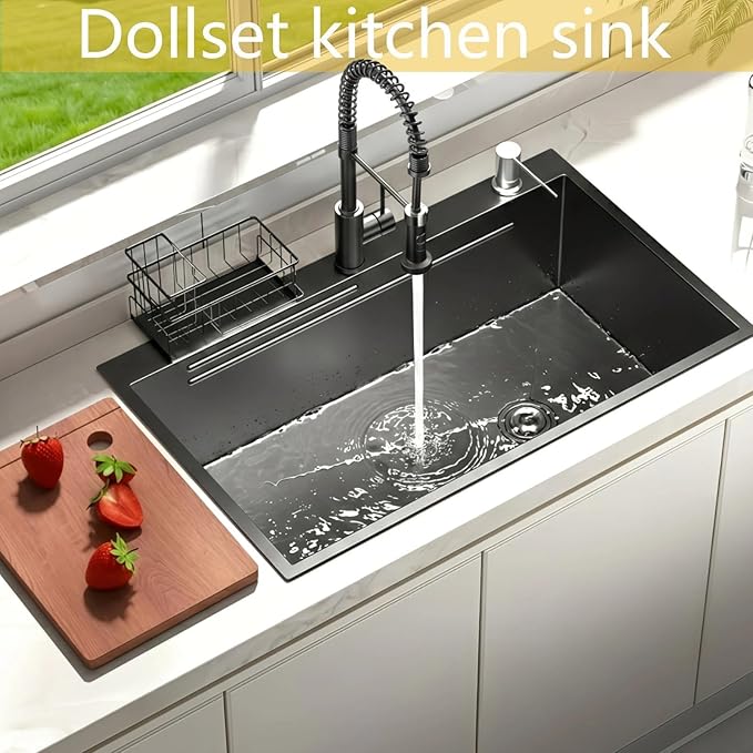 28x18 Black Drop-in Kitchen Sink: Deep Single Bowl Stainless Steel Workstation with Faucet & Accessories Combo for Family Kitchen—Scratch Resistant & Noise Reducing