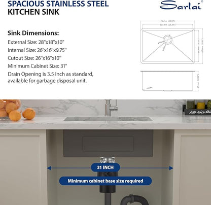 Sarlai 28 Inch Undermount Kitchen Sink - 28" x 18" Undermount Sink Single Bowl Stainless Steel 16 Gauge Kitchen Sink Under Counter Round Corner Basin