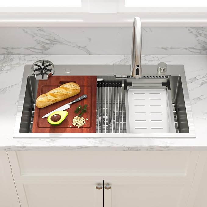 Sarlai Waterfall Kitchen Sink - 33 Inch Drop In Workstation Sink With Waterfall Stainless Steel 16 Gauge Multifunction Single Bowl Smart Top Mount Kitchen Sinks with Mechanical Keys 33x19x9 Inch