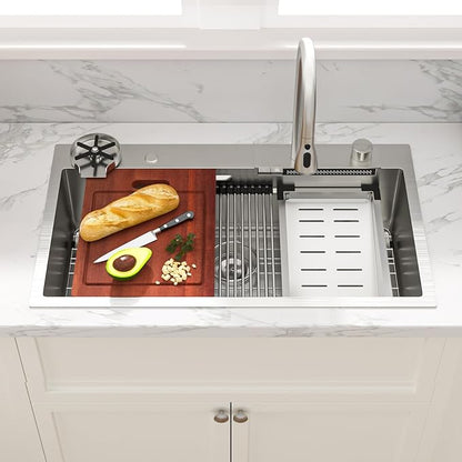 Sarlai Waterfall Kitchen Sink - 33 Inch Drop In Workstation Sink With Waterfall Stainless Steel 16 Gauge Multifunction Single Bowl Smart Top Mount Kitchen Sinks with Mechanical Keys 33x19x9 Inch