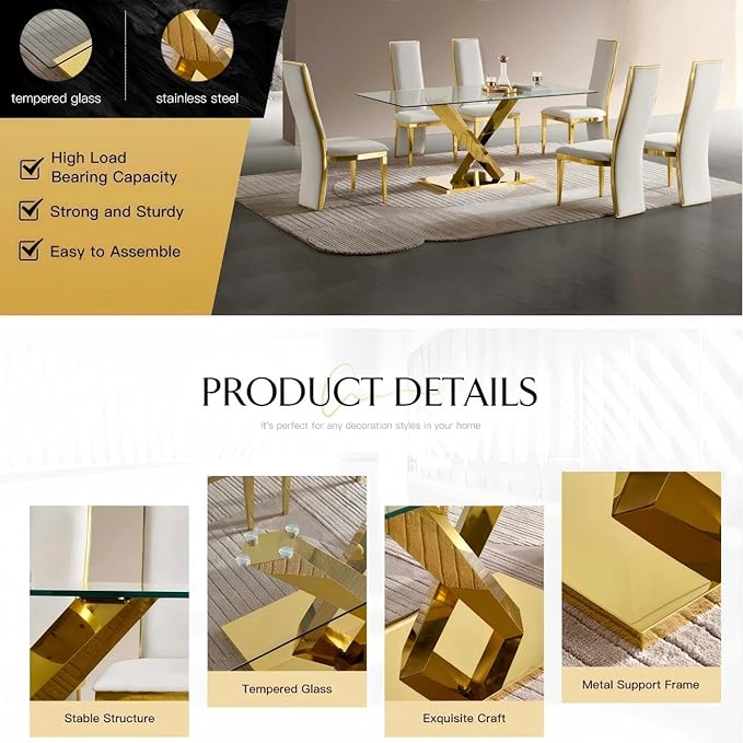 Modern 70" Gold Glass Dining Table for 6-8,Luxury Rectangular Kitchen Table with Clear Glass Desktop and Golden Mirrored Stainless Steel Legs,Large Kitchen Table for Dining Room Office(Only Table)