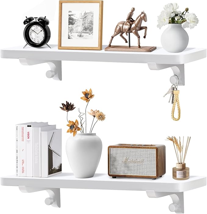 Wooden Floating Shelves for Wall, 22.6" W x 6" D x 0.8" H Large Wall Shelves, Hanging Storage Shelf with Hooks for Living Room, Kitchen, Bathroom, Bedroom Decor, White, 2 Packs