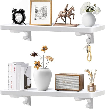 Wooden Floating Shelves for Wall, 22.6" W x 6" D x 0.8" H Large Wall Shelves, Hanging Storage Shelf with Hooks for Living Room, Kitchen, Bathroom, Bedroom Decor, White, 2 Packs