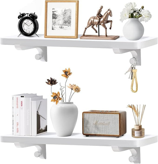 Wooden Floating Shelves for Wall, 22.6" W x 6" D x 0.8" H Large Wall Shelves, Hanging Storage Shelf with Hooks for Living Room, Kitchen, Bathroom, Bedroom Decor, White, 2 Packs
