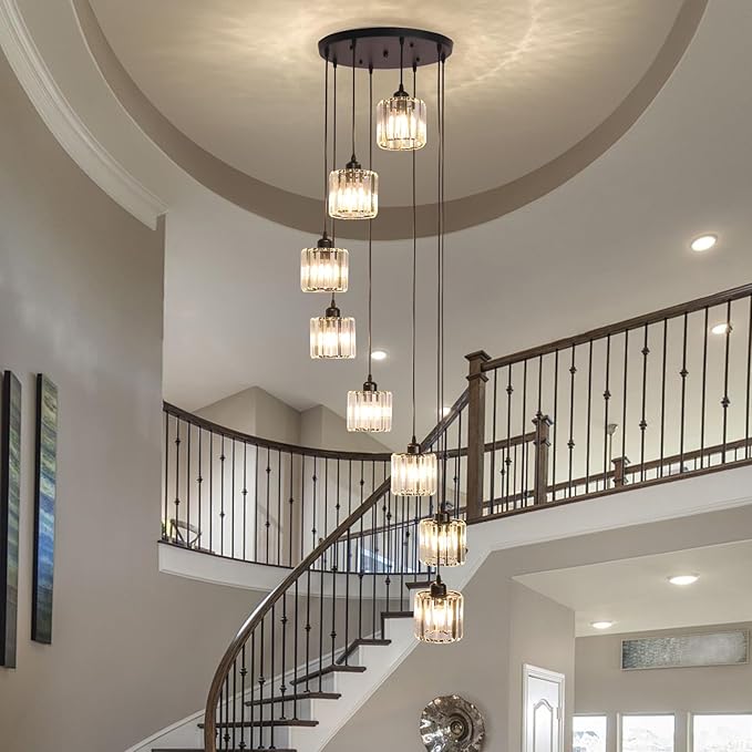 High Ceilings Long Chandeliers Modern Crystal Long Pendant Light,Long Raindrop Hanging Chandeliers,Hanging Flush Mount Chandelier Ceiling Light for Staircase Foyer Entryway 8 Lights