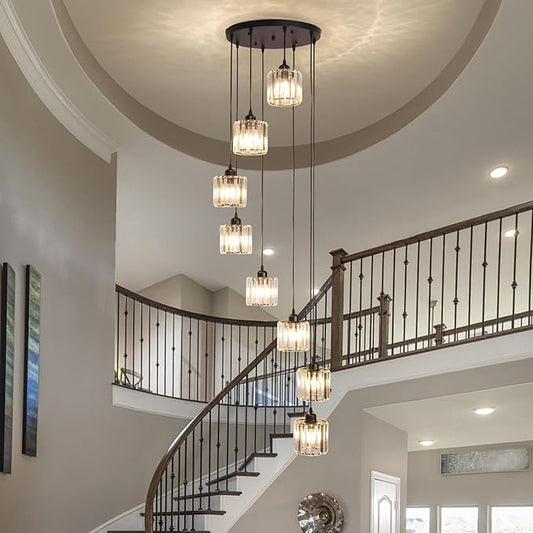 High Ceilings Long Chandeliers Modern Crystal Long Pendant Light,Long Raindrop Hanging Chandeliers,Hanging Flush Mount Chandelier Ceiling Light for Staircase Foyer Entryway 8 Lights