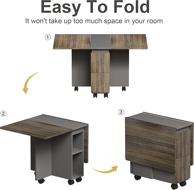 Folding Dining Table Set for 4, Dinner Table with 4 Chairs，Drawers and Shelves,Space Saving Foldable Dining Table with Wheels, Kitchen Table for Small Spaces