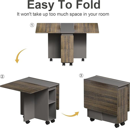 Folding Dining Table Set for 4, Dinner Table with 4 Chairs，Drawers and Shelves,Space Saving Foldable Dining Table with Wheels, Kitchen Table for Small Spaces
