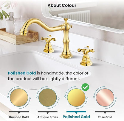 gotonovo Bathroom Faucet 3 Hole 8 Inch Widespread Bathroom Sink Faucet 2 Cross Handles Vintage Lavatory Vanity Mixer Tap with Pop Up Drain, HOT Cold Label, Polish Gold