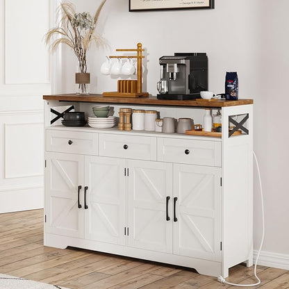51" Farmhouse Buffet Sideboard Cabinet with Storage, White Kitchen Storage Pantry Cabinet with Drawers, Wood Cupboard Hutch, Coffee Bar Station Table for Kitchen, Living Room, Dining Room