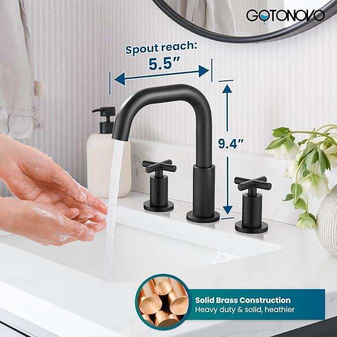 gotonovo 8 inch Widespread 3 Hole Bathroom Sink Faucet,2 Cross Handle Vanity Faucet Deck Mount Basin for Bathroom Sink 360° Swivel Spout with Pop Up Drain Matte Black