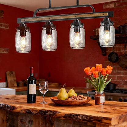 4-Light Farmhouse Dining Room Chandelier, Black Mason Jar Chandelier Lighting Fixture for Kitchen Island, Dining Room, Rustic Linear Cluster Hanging Pendant Light, Faux Wood with Glass Shade