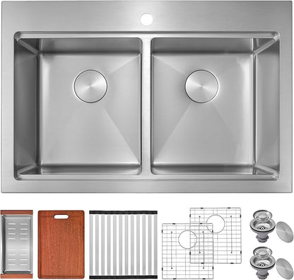 MILOSEN 33 Inch Double Bowl Kitchen Sink, 33''x22'' Drop in 16 Gauge T304 Stainless Steel Sinks, Workstation Sink 50/50 Topmount Double Basin with Accessories, 10'' Deep Laundry Outdoor Sinks