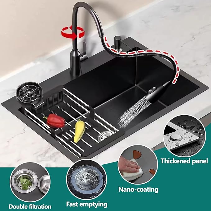 Black Kitchen Sink with Faucet, Top Mount/Drop-In 3 Hole Single Bowl Stainless Steel Sink with Cup Washer, Soap Dispenser, Drainage kit for Bar, Kitchen, Balcony (19.7 * 17.7in)