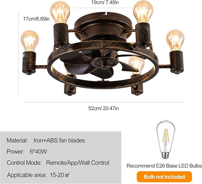 Garwarm Ceiling Fans with Lights and Remote, 20 Inch Low Profile Flush Mount Ceiling Fan with Light, Farmhouse Rustic Industrial Fan Lights Ceiling Fixtures for Bedroom,Kitchen(6 Speed,Timing)-Bronze