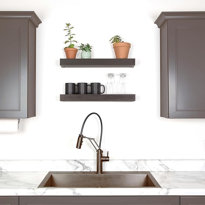 HIGH & MIGHTY 515653 Modern 18" Floating Shelf Holds up to 15lbs, Easy Tool-Free Dry Wall Installation, Flat, eCommerce Packaging, Espresso
