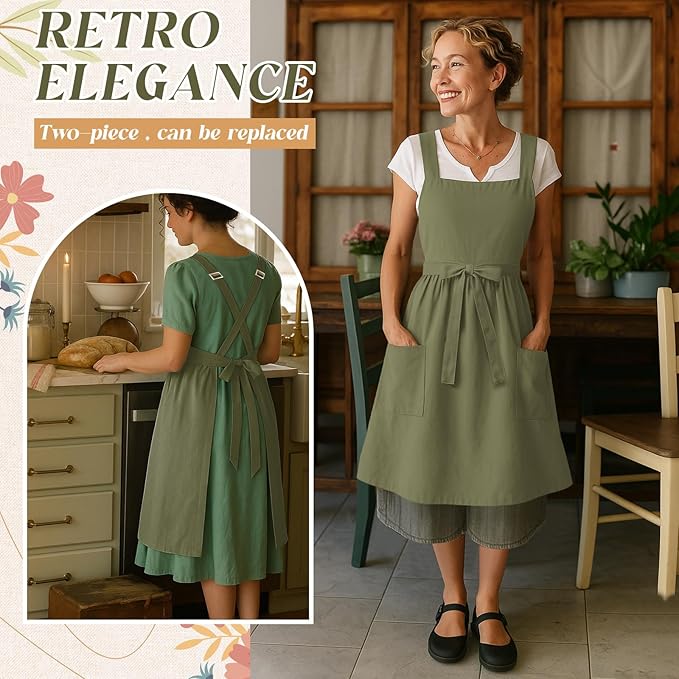 100% Cotton Aprons with Pockets Pinafore Dress for Women Vintage Cute Aprons for Kitchen Baking Gardening Painting