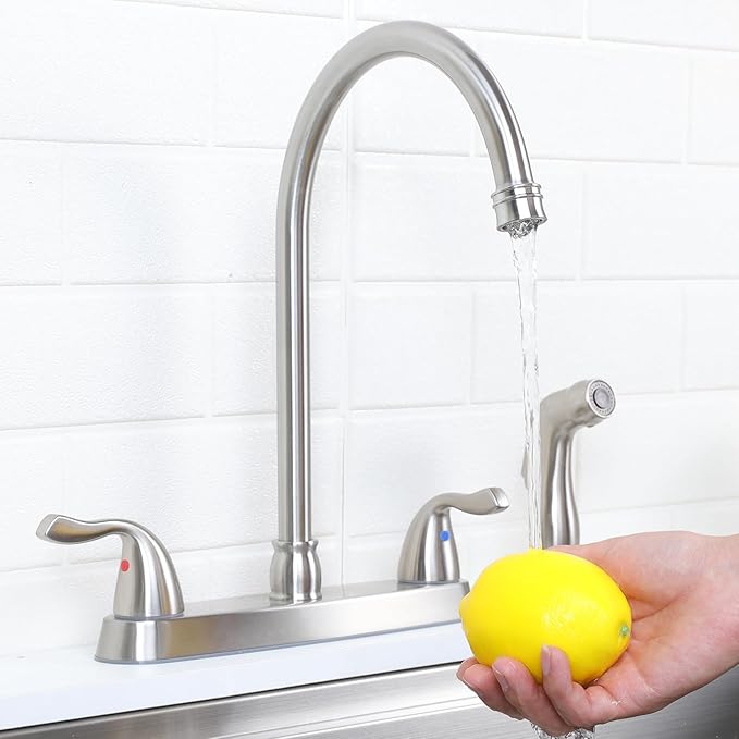 HOTIS Kitchen Faucet with Side Sprayer, 2 Handle 3 or 4 Hole Kitchen Sink Faucets 8 Inch RV Kitchen Faucet with Supply Lines, 360 Swivel Kitchen Faucet Brushed Nickel, HT-SLYT004L-S-1