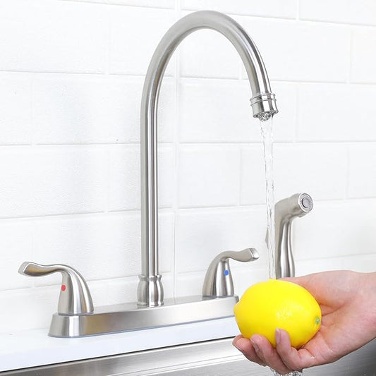 HOTIS Kitchen Faucet with Side Sprayer, 2 Handle 3 or 4 Hole Kitchen Sink Faucets 8 Inch RV Kitchen Faucet with Supply Lines, 360 Swivel Kitchen Faucet Brushed Nickel, HT-SLYT004L-S-1