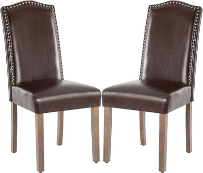 Upholstered Dining Chair Modern Stylish Parsons Kitchen Diner High Back with Silver Nailhead Trim & Wood Legs, Set of 2, PU Leather Dark Brown