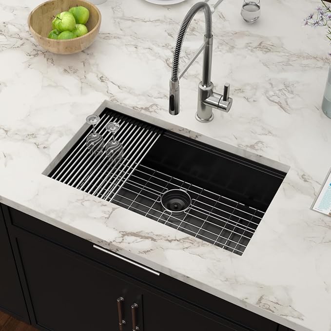 30 Inch Black Undermount Kitchen Sink Workstation- Couoko Matte Black 16 Gauge T304 Stainless Steel Single Bowl Undermount Sinks NANO PVD Large Deep Handmade Round Corner Sinks Basin 30"x19"x9"