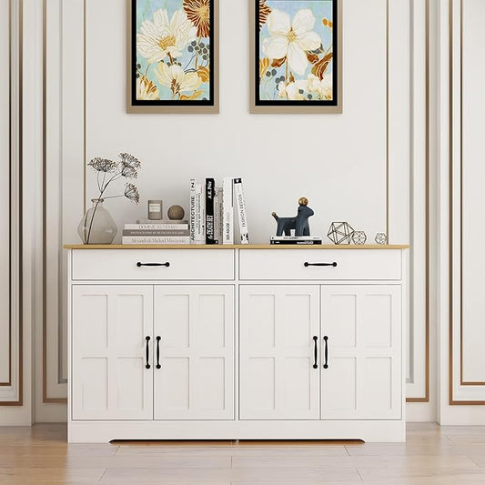 Locsear Sideboard Buffet Cabinet with Storage, 55" Large Kitchen Storage Cabinet with 2 Drawers and 4 Doors, Wood Coffee Bar Buffet Table Console for Kitchen Dining Room, White