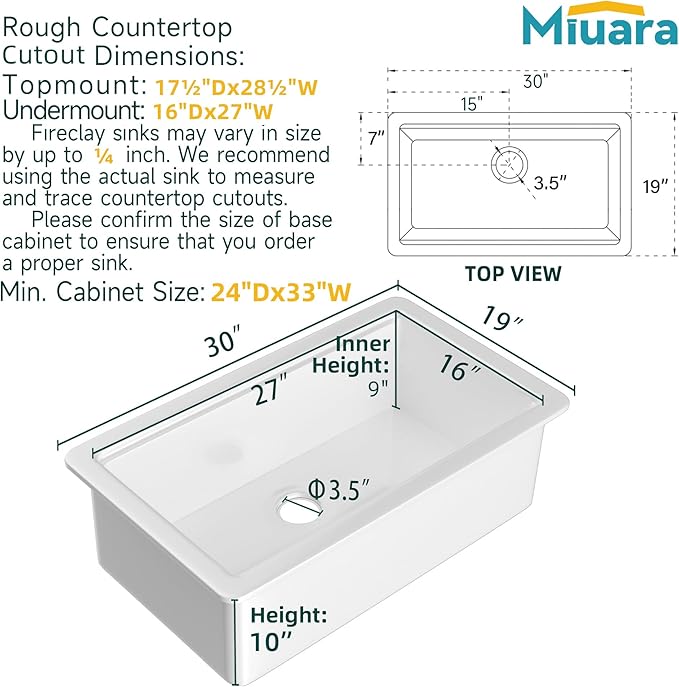 Miuara White Undermount Workstation Kitchen Sink 30 Inch - Topmount Fireclay Drop In Sink 30"x19"x10", Dual Mount Heavy Duty Deep Single Bowl, with 4 Custom Accessories, for Kitchen, Island