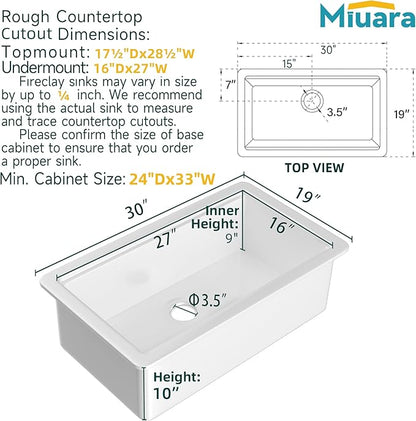 Miuara White Undermount Workstation Kitchen Sink 30 Inch - Topmount Fireclay Drop In Sink 30"x19"x10", Dual Mount Heavy Duty Deep Single Bowl, with 4 Custom Accessories, for Kitchen, Island