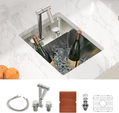 Sarlai Undermount Bar Sink With Foldable Faucet - 13x15 Inch Outdoor Kitchen Sink RV Workstation 16 Gauge Stainless Steel Single Bowl Handmade Outdoor BBQ Sinks