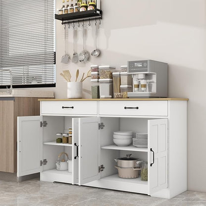 Locsear Sideboard Buffet Cabinet with Storage, 55" Large Kitchen Storage Cabinet with 2 Drawers and 4 Doors, Wood Coffee Bar Buffet Table Console for Kitchen Dining Room, White