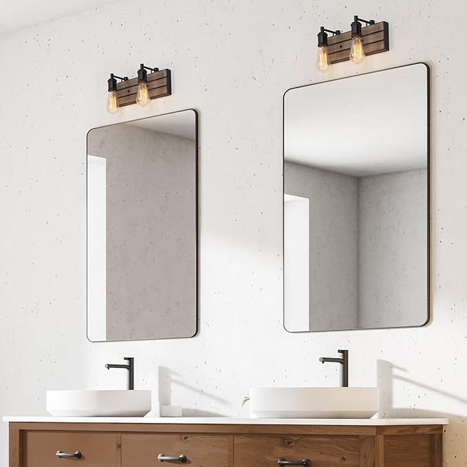LOG BARN Farmhouse Bathroom Light Fixtures, 2 Light Vanity Lights for Bathroom, 13.8-Inch Rustic Faux Wood Bathroom Lighting Lights Over Mirror