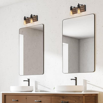 LOG BARN Farmhouse Bathroom Light Fixtures, 2 Light Vanity Lights for Bathroom, 13.8-Inch Rustic Faux Wood Bathroom Lighting Lights Over Mirror