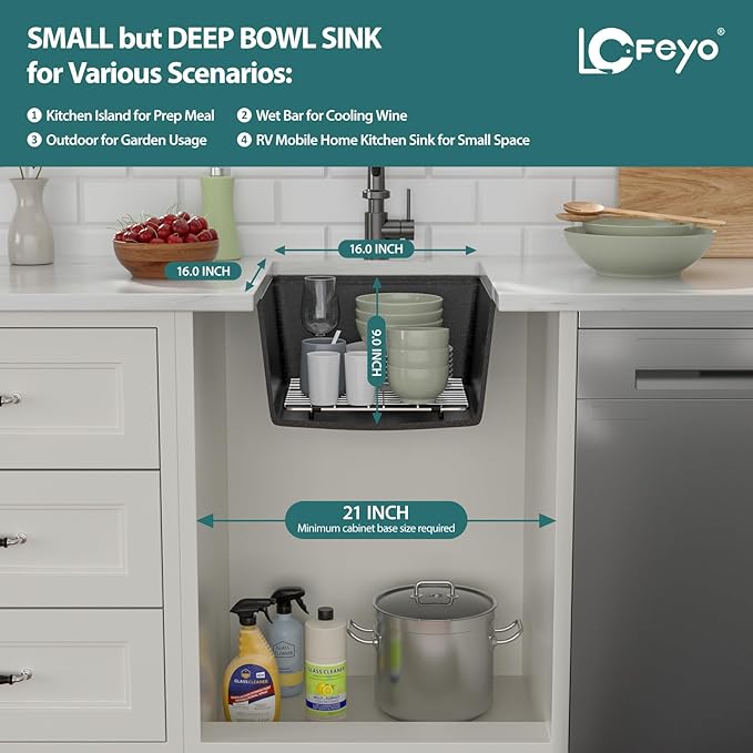 Black Undermount Kitchen Sink 18"x18" Workstation Granite Composite Bar Sink Small Granite Sink Undermount Quartz Modern Under Counter Ledge Single Bowl Kitchen Sinks Basin Deep Sink,LOF-Q4528